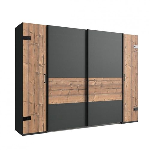 Armoire Stoke 2 Portes Coulissantes 2 Portes Battantes Corps Graphite Rechampis Sapin Argenté