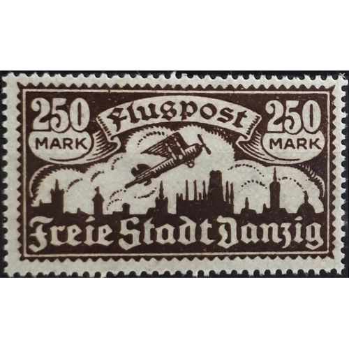 Allemagne, Ville Libre De Danzig 1923, Beau Timbre De Poste Aérienne Yvert 14, Avion Monomoteur Survolant La Ville, 250mk Brun Foncé, Neuf*