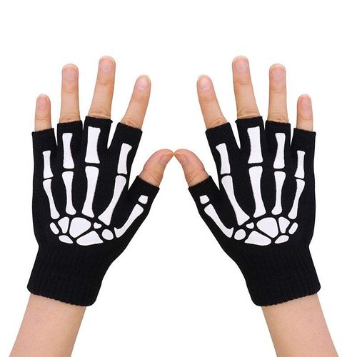 Gants De Cyclisme Squelette D'halloween, Demi-Doigt, Brillant Dans La Nuit, Sans Doigts, Extensibles, Tricotés, D'hiver, 1 Paire
