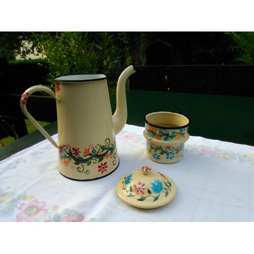 Cafetière Vintage En Tôle Émaillée Peinte À La Main