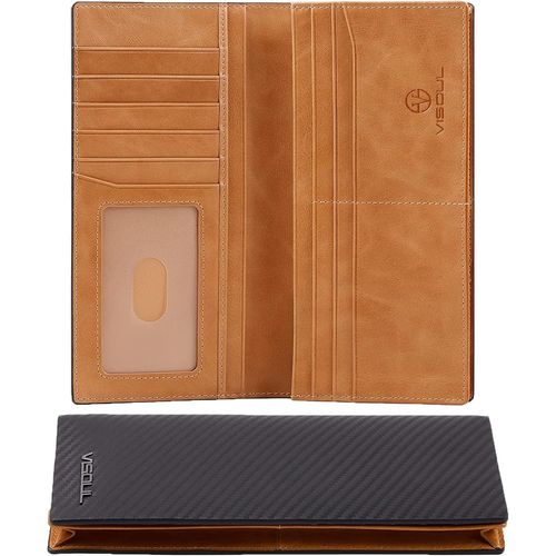 Portefeuille Homme En Cuir Véritable, Portefeuille Long À Deux Volets En Cuir Avec Blocage Rfid, Porte Chéquier Avec 3 Compartiment À Billets Et 12 Emplacements Pour Cartes (Noir+Jaune)