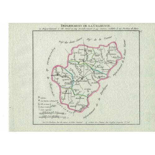 Carte Du Departement De La Charente Colorisée Issu De L'atlas De La Republique Francaise Servant A L'intelligence De La Nouvelle Division De La France Par Chanlaire Et Herbin An X -1802