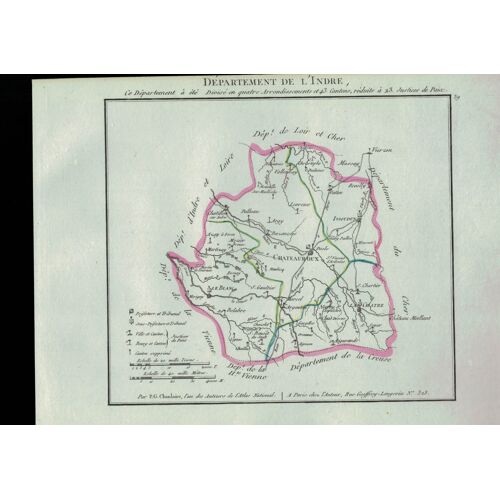 Carte Du Departement De L' Indre Colorisée Issu De L'atlas De La Republique Francaise Servant A L'intelligence De La Nouvelle Division De La France Par Chanlaire Et Herbin An X -1802