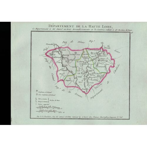 Carte Du Departement De La Haute Loire Colorisée Issu De L'atlas De La Republique Francaise Servant A L'intelligence De La Nouvelle Division De La France Par Chanlaire Et Herbin An X -1802
