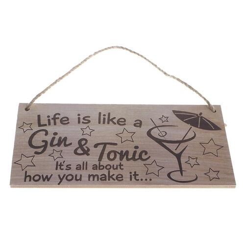 La vie est comme un gin tonic rustique en bois suspendu signe de décoration murale plaque