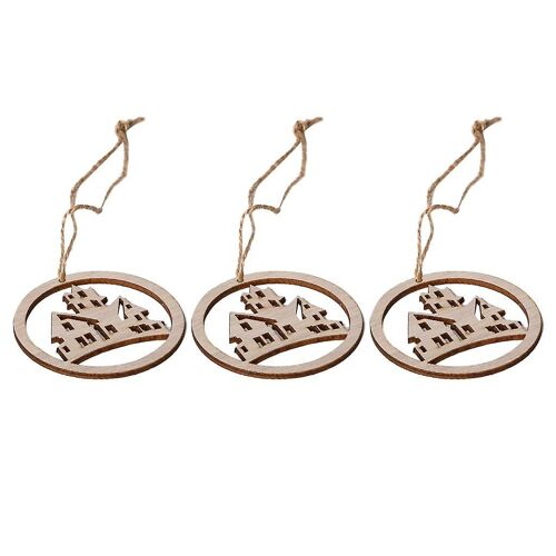 3xWood Round Halloween Hanging Decorations Pendant+3 Jute Rope Haunted House