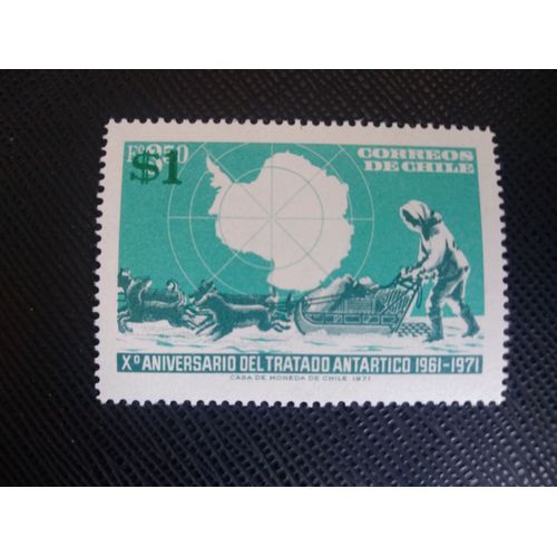 Timbre Chili Yt 378 Carte De L'antarctique Et Traîneau À Chiens 1972 ( 110806 )