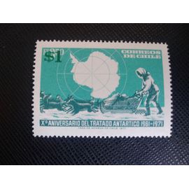 Timbre Chili Yt 378 Carte De L'antarctique Et Traîneau À Chiens 1972 ( 110806 )