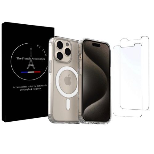 Coque MagSafe IPhone 15 Pro max coque Transparente + 2 Verres Trempés de protection, film de protection d écran 