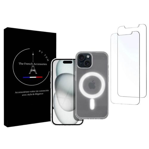 Coque Magsafe Iphone 15 Coque Transparente + 2 Verres Trempés De Protection, Film De Protection D Écran