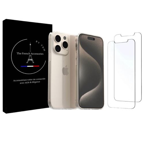 Coque IPhone 15 Pro Coque Transparente Silicone + 2 Verres Trempés, film de protection d'écran