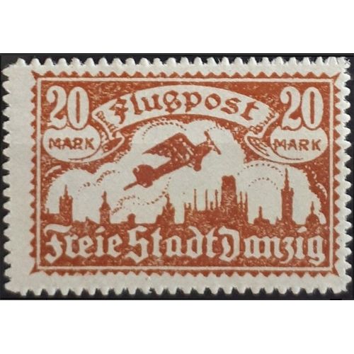 Allemagne, Ville Libre De Danzig 1923, Beau Timbre De Poste Aérienne Yvert 10, Avion Survolant La Ville, 20mk Bistre Brun, Neuf*