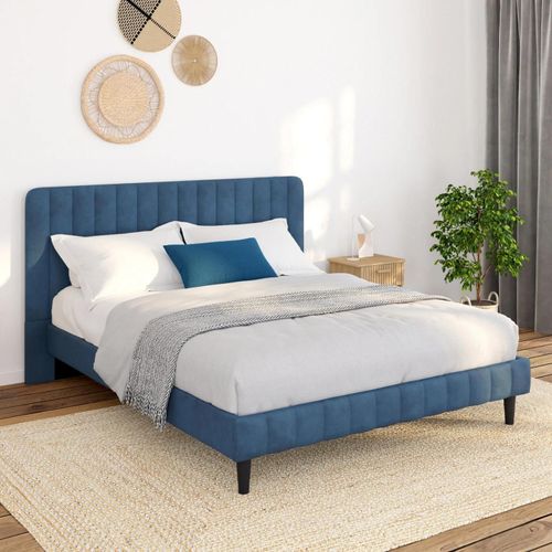 Idmarket Lit Double Annie Avec Tête De Lit Et Sommier 140 X 190 Cm Velours Bleu