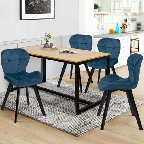 Lot De 4 Chaises Robine En Velours Bleu Pieds Noirs