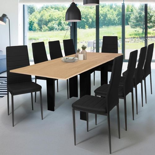 Table À Manger Extensible Dona 6-10 Personnes Noir Plateau Façon Hêtre 110-220 Cm