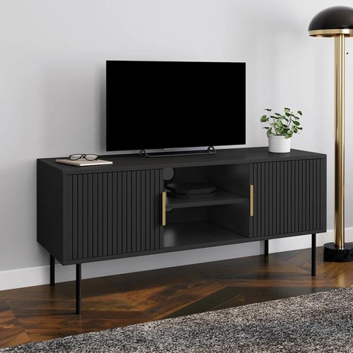 Meuble Tv 110 Cm Marcel Noir 2 Portes Effet Lattes