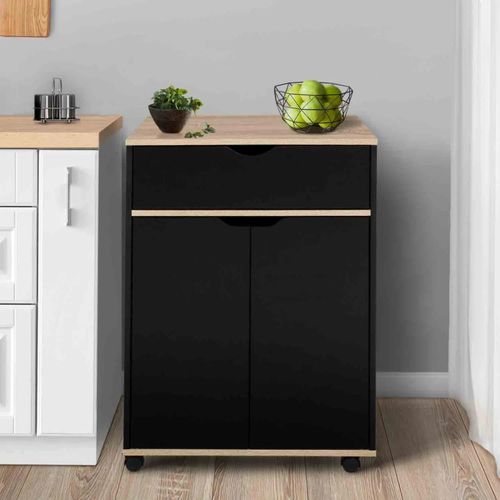 Desserte De Cuisine Cosy Placard Avec Tiroir Bois Noir Et Plateaux Façon Hêtre L.60 Cm