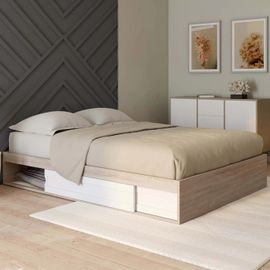 Cadre De Lit Salem Avec Rangements Et Sommier 140 X 190 Cm Effet Bois Et Blanc