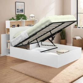 Lit Coffre Double Clyde Avec Tête De Lit + Rangements Et Sommier 140 X 190 Cm Blanc Et Façon Hêtre