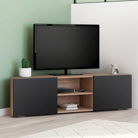 Meuble Tv 110 Cm D'angle Eli Bois Façon Hêtre Portes Noires