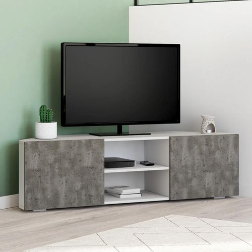Meuble Tv 110 Cm D'angle Eli Blanc Portes Effet Béton