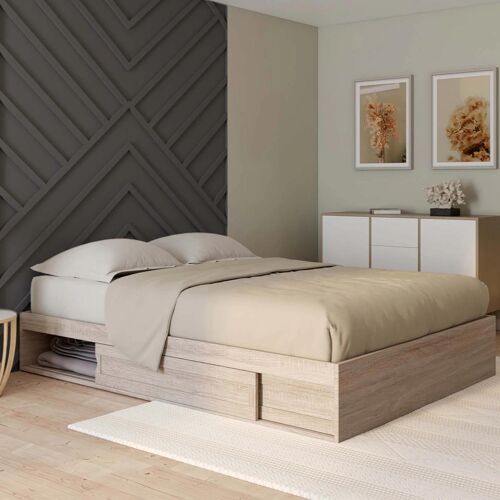 Cadre de lit double SALEM avec rangements et sommier 140 x 190 cm façon hêtre