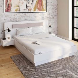 Idmarket Lit Double Santa Avec Tête De Lit + Tables De Chevet Intégrées Et Sommier 140 X 190 Cm Blanc