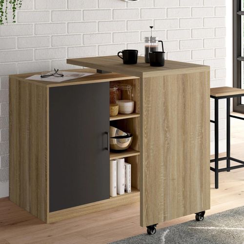 Ilot Rotatif Polo Meuble De Bar Pivotant 2 En 1 Imitation Hêtre Porte Noire