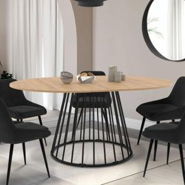 Table À Manger Extensible Ronde Yuna 6-8 Personnes Plateau Bois Et Pied Filaire En Métal Noir 110 - 150 Cm