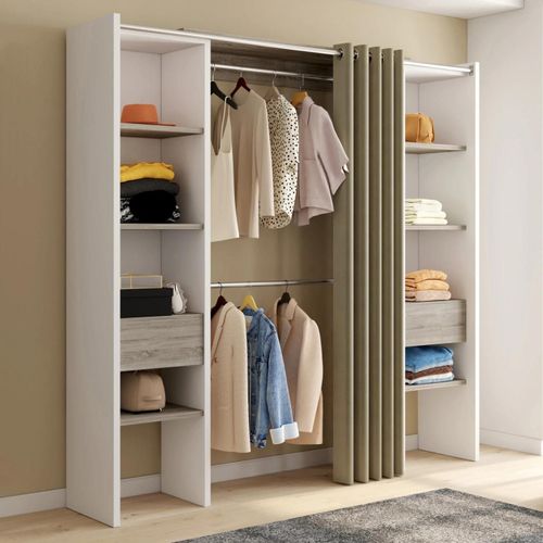 Dressing Extensible Double Meryl 120/180 X 50 X 180 Cm Blanc Avec Étagères Hêtre + Double Penderie + Rideau Taupe