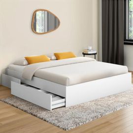Cadre De Lit Double Tomi 4 Tiroirs Avec Sommier 140 X 190 Cm Blanc