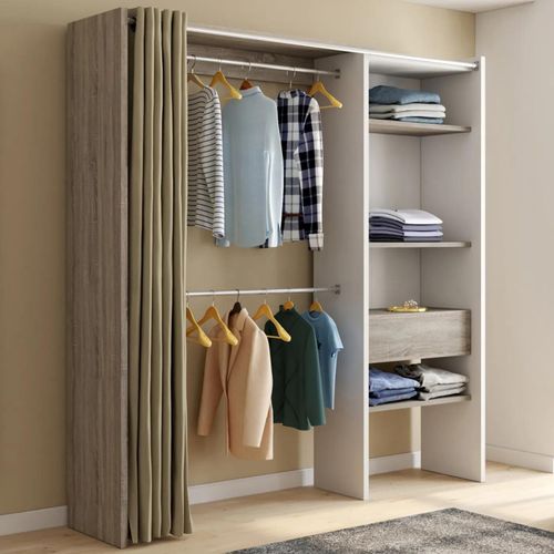 Dressing Extensible Marty 120-170 X 50 X 180 Cm Blanc Avec Étagères Hêtre + Double Penderie + Rideau Taupe