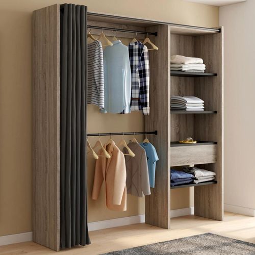 Dressing Extensible Marty 120/170 X 50 X 180 Cm Hêtre Avec Étagères + Double Penderie + Rideau Noir