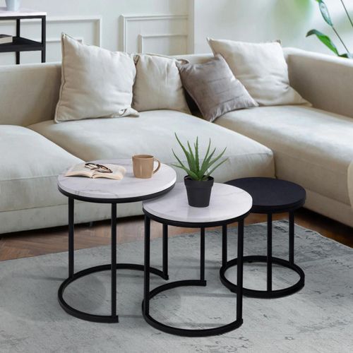 Lot De 3 Tables Basses Gigognes Alaska Rondes 35/40/45 Effet Marbre Et Bois Noir Pied Métal