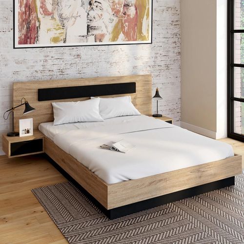 Idmarket Lit Double Santa 140 X 190 Cm Tête De Lit Avec Chevets Suspendus Et Sommier Bois Et Noir