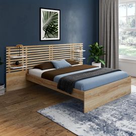 Lit Double Amalia Avec Tête De Lit, Étagères Suspendues Et Sommier 140 X 190 Cm Hêtre Et Blanc