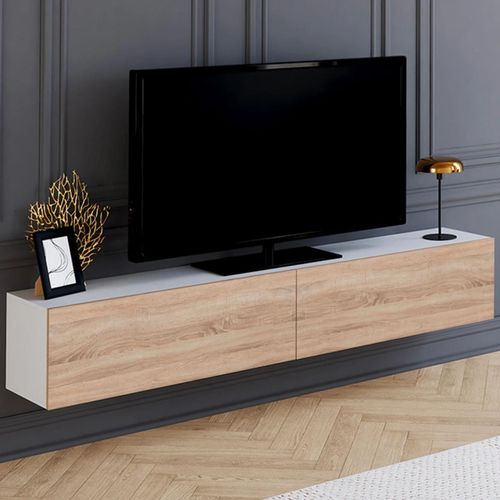 Meuble Tv 180 Cm Suspendu Elio 2 Portes Blanc Et Bois