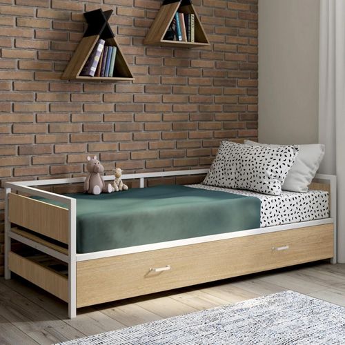 Lit Banquette 90 X 190 Cm Detroit Convertible 180 X 190 Cm Hêtre Et Blanc Style Industriel