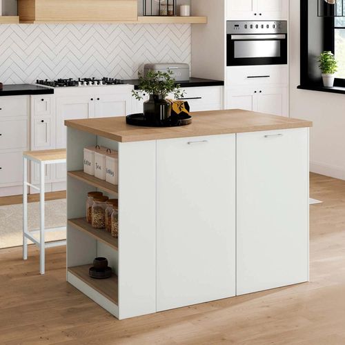 Ilot Central Tibo 120 Cm Bois Blanc Avec Plan De Travail Façon Hêtre