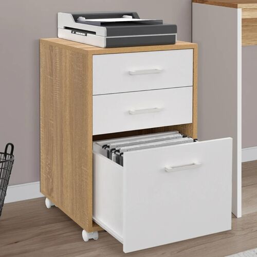 IDMARKET Caisson de bureau JON support imprimante 3 tiroirs bois et blanc