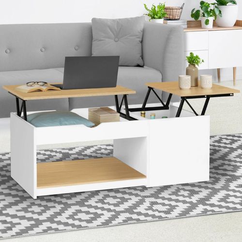 Table Basse 2 Plateaux Relevables Eyla Avec Coffre Bois Blanc Et Façon Hêtre