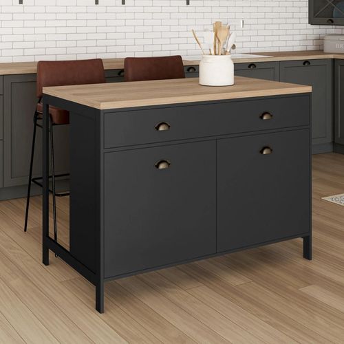 Ilot Central Isis 120 Cm Plateau Bois Façon Hêtre Et Noir