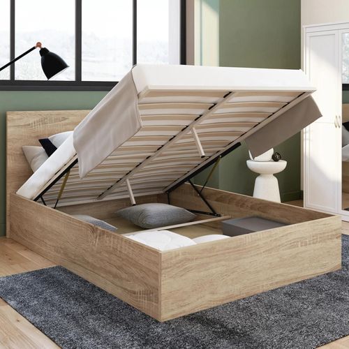 Lit Coffre Double Seaside Avec Tête De Lit Et Sommier 140x190 Cm Façon Hêtre
