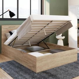 Lit Coffre Double Seaside Avec Tête De Lit Et Sommier 140x190 Cm Façon Hêtre