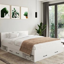 Lit Double Minea Avec Tiroirs + Niches De Rangement + Tête De Lit Et Sommier 140 X 190 Cm Blanc