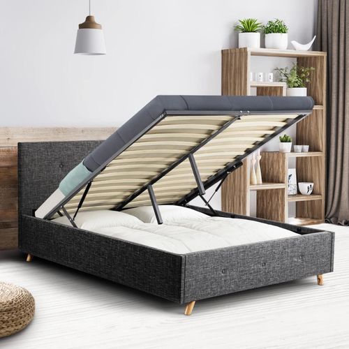 Lit Coffre Double Scandinave Lulea 140 X 190 Cm Tissu Gris Anthracite