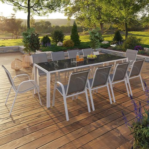 Idmarket Salon De Jardin Madrid Table 240 Cm Et 10 Chaises Empilables Blanc Et Gris