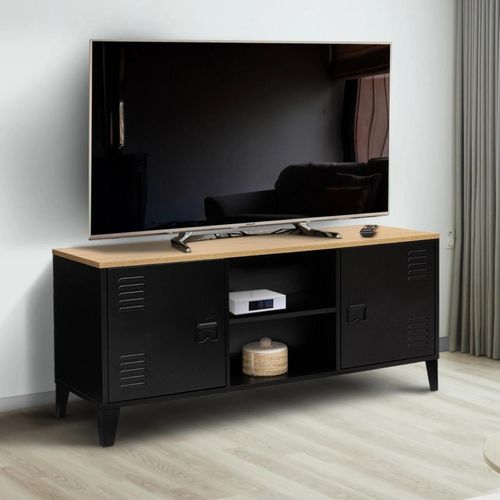 Meuble Tv 113 Cm Ester 2 Portes Métal Noir Et Plateau Bois Design Industriel