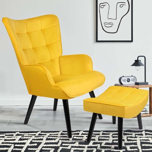 Fauteuil Scandinave Ania Avec Repose Pieds Velours Jaune