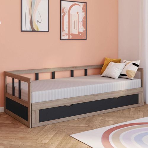 Lit Banquette 90 X 190 Cm Zoya Convertible 180 X 190 Cm Hêtre Et Noir Avec 1 Tiroir De Rangement